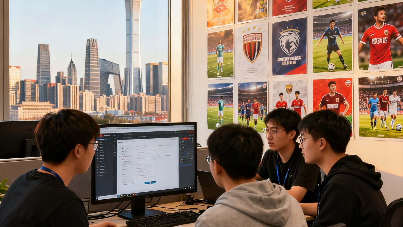 柠檬直播北京总部办公室内，年轻的技术和运营团队成员围坐在显示器前讨论产品优化方案，墙上贴满各大联赛海报，窗外可见北京CBD天际线